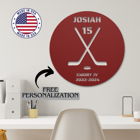 Hockey Crossed Sticks Metal Art Personalized Text Round