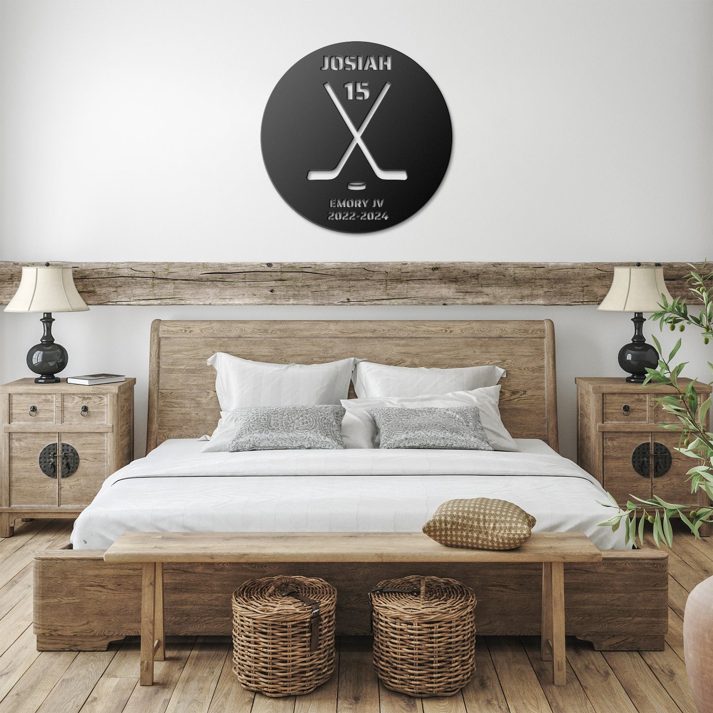 Hockey Crossed Sticks Metal Art Personalized Text Round