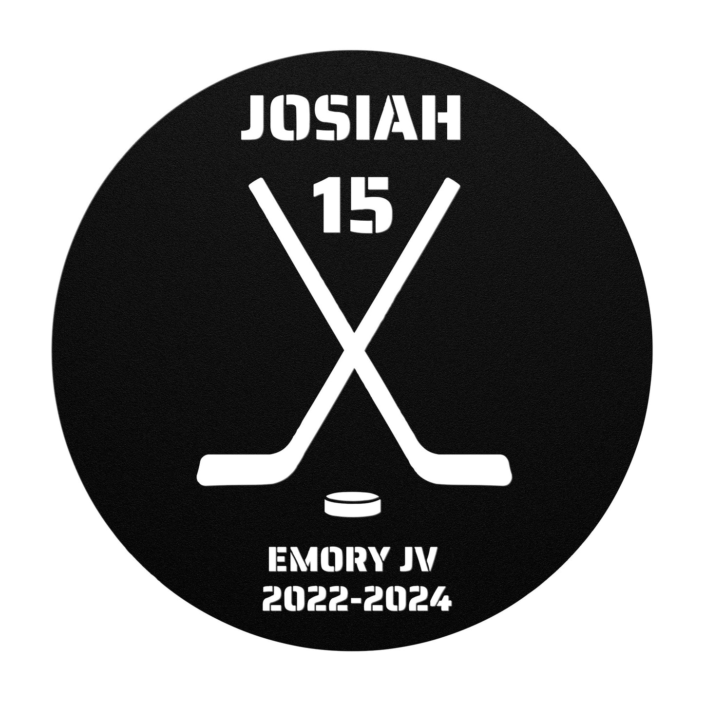 Hockey Crossed Sticks Metal Art Personalized Text Round