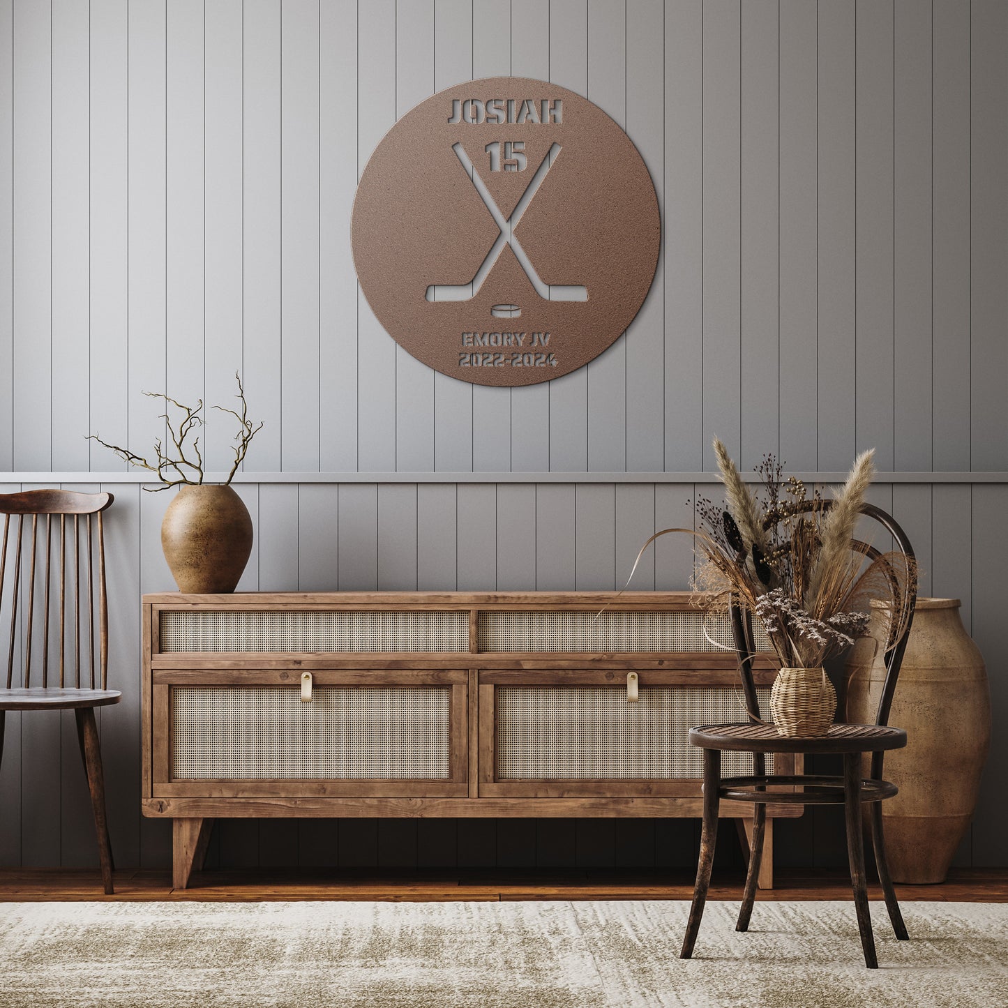 Hockey Crossed Sticks Metal Art Personalized Text Round