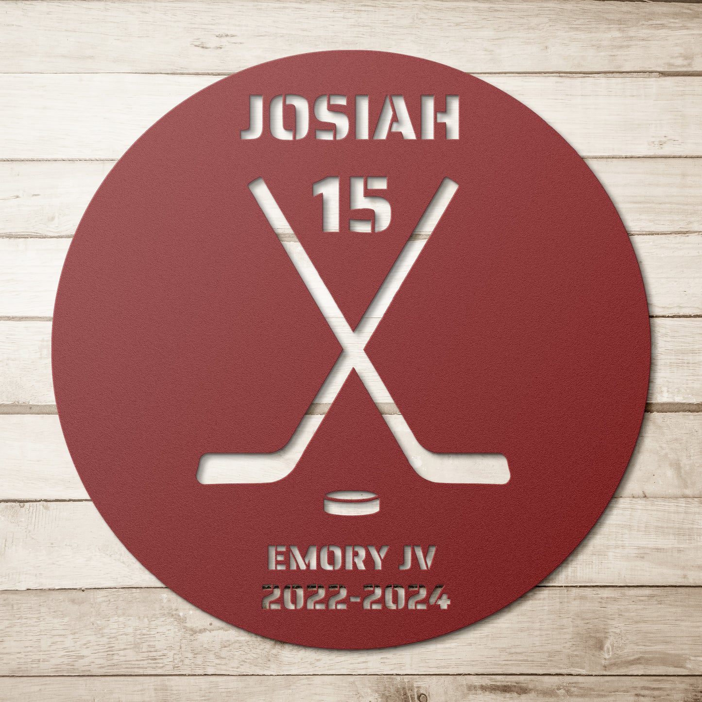 Hockey Crossed Sticks Metal Art Personalized Text Round